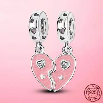 Стерлингового Серебра 925 Розовая Эмаль Сердце Гравировка Мотаться Шарм Подвеска Подходит Бусины Модный Браслет Ожерелье Оригинальные Женские Ювелирные Изделия