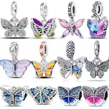 Стерлингового Серебра 925 Серия Бабочка Подвески Бусины Цирконий Круглый Подвеска Подходит Браслет Ожерелье Ювелирные Изделия