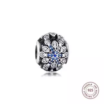 Стерлингового Серебра 925 Синий CZ Кристаллизованные Снежинки Подвески Бусины Подходит для Европейских Браслетов DIY Изготовление Ювелирных Изделий