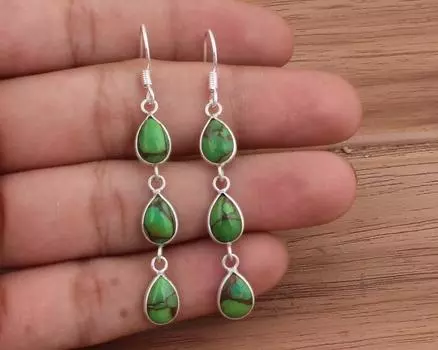 Стерлингового Серебра 925 Зеленая Медь Бирюзовый Драгоценный Камень Женщины Висячие Серьги Подарок Для Нее Серебряные Ювелирные Изделия