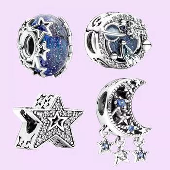 Стерлингового серебра Galaxy Blue & Star Murano, Star & Crescent Moon Charm для женщин подарок на день рождения браслет DIY ювелирные изделия