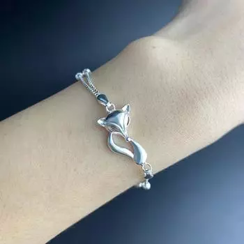 Стерлингового серебра S925 Серебряный браслет Браслет с лисой Женский подарок на день рождения Ручной орнамент Двухслойный умный Браслет с маленькой лисой silver