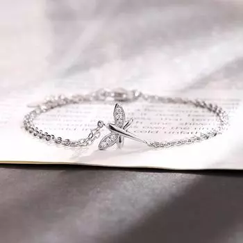Стерлингового серебра S925 Серебряный браслет Женский изысканный браслет с крыльями насекомых, инкрустированный цирконом, двухслойный маленький браслет со стрекозой silver
