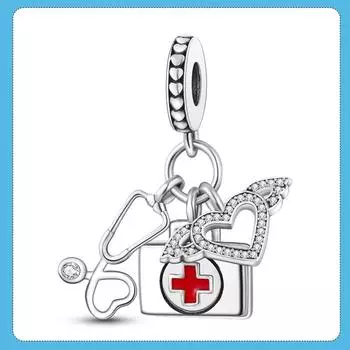 Стетоскоп Аптечка первой помощи Подвеска Шарм Бусины Серебро 925 пробы Fit Бренд Подвески Браслет Diy Ювелирные изделия Подарок