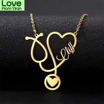 Стетоскоп ожерелье с именем персонализированные золотые ожерелья из нержавеющей стали с именем для женщин табличка с именем ожерелье ювелирные изделия подарки 40cm золотой