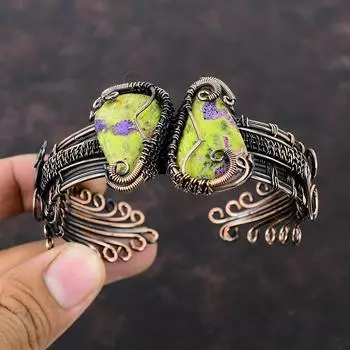 Стихтит Браслет-манжета Браслет из медной проволоки Регулируемый браслет Драгоценный камень Медные украшения Подарок для него Браслет ручной работы Ювелирные изделия из стихтита