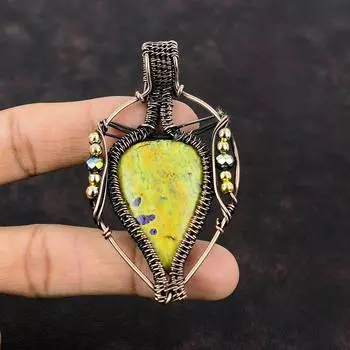 Стихтитовый кулон, медная проволока, завернутый кулон, титановые бусины, ювелирные изделия ручной работы, ювелирные изделия из настоящего драгоценного камня, подарок на помолвку, ювелирные изделия из медной проволоки