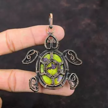Стихтитовый кулон, обернутый медной проволокой, кулон ручной работы, ювелирные изделия в виде черепахи, обернутый проволокой, изящные ювелирные изделия из драгоценных камней, медный кулон для подарка