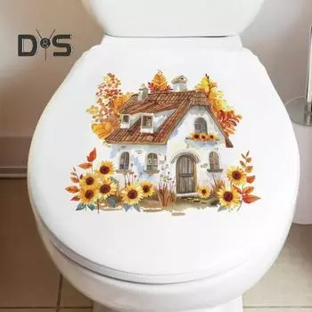 Стикер для унитаза «Дом подсолнуха», съемный самоклеящийся, водостойкий, ПВХ, настенная наклейка для гостиной, ванной комнаты, украшение для крышки унитаза A