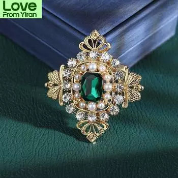 Стиль барокко Женские элегантные винтажные изумрудные броши со стразами Булавки крестики цепи жемчужные значки костюм ювелирные изделия для вечеринки свадьба пряжка
