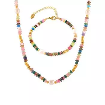 Стиль Дофамин пресноводный жемчуг натуральный камень бисер ожерелье браслет титановая сталь летний комплект ювелирных изделий