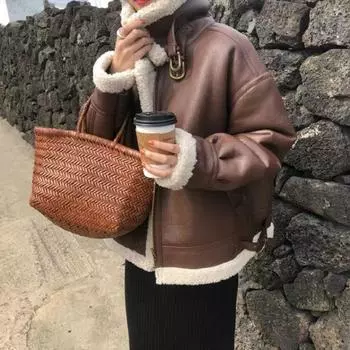 Стиль Гонконга шикарный овечья шерсть локомотив одежда женская зимняя новая меховая интегрированная куртка короткая утепленная одежда S чёрный