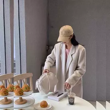 Стиль Хепберн смешанный стиль не совсем белый стиль новое зимнее корейский стиль свободное шерстяное пальто средней длины S