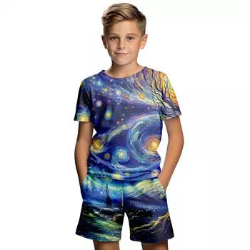 Стиль картины маслом Ван Гога, новинка 2024 года, летние вечерние повседневные спортивные костюмы для детей от 4 до 14 лет, наборы из 2 картинок с 3D принтом для мальчиков и девочек 100CM