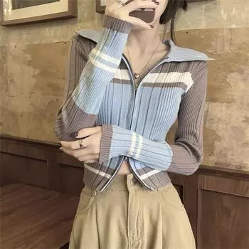 Стиль колледжа Осень Винтаж многоцветный трикотаж Пальто Повседневный Короткие Джемперы Куртки Верхняя одежда Вязаный кардиган Женщины Милые молнии укороченные свитера one size синий