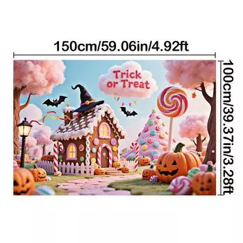 Стиль «Конфетный домик»-Тыква, Элементы летучей мыши Хэллоуинский фон для украшения праздничного мероприятия, Фотобудка, Праздничный, Хэллоуинский декор 150*100cm/59*39in/5*3ft