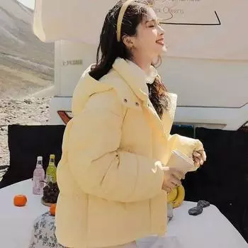 Стиль корейский пуховик из хлопка для женщин с капюшоном, парки, зимнее стеганое пальто, толстый теплый свободный пуховик для женщин, зимняя одежда, верхняя одежда L чёрный