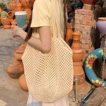Стиль Мори Литературная Ленивая Сумка Ручной Работы с Вырезами Женская Летняя Пляжная Сумка через Плечо Большой Вместимости Beige Bag