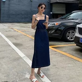 Стильная элегантность мода женский деловой повседневный жилет ковбойская юбка на бретельках женский свободный тонкий срез повседневный разрез сбоку платье халтер длинная юбка One size (42.5-52.5 kg) синий