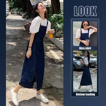 Стильная элегантность мода женский повседневный жилет с боковыми разрезами джинсовая юбка на бретелях женское летнее тонкое платье средней длины с бретелью через шею длинная юбка One size (42.5-52.5 kg) синий