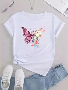 Стильная белая футболка с круглым вырезом и коротким рукавом для женщин с минималистичным дизайном S