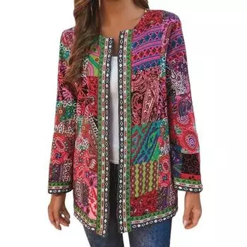 Стильная без пуговиц холодозащитная ветрозащитная женская осенняя верхняя одежда в этническом стиле с принтом в стиле ретро, повседневная одежда, пальто M красный