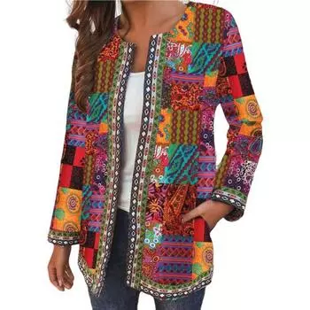 Стильная без пуговиц холодозащитная ветрозащитная женская осенняя верхняя одежда в этническом стиле с принтом в стиле ретро, повседневная одежда, пальто M жёлтый