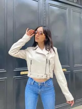 Стильная бежевая женская кожаная куртка из натуральной овечьей кожи ручной работы для мотоциклиста XS бежевый