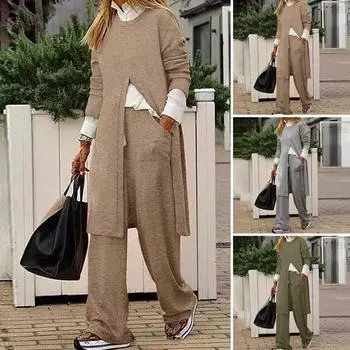 Стильная блузка с разрезом, широкие брюки, туника с длинными рукавами и круглым вырезом, верхняя одежда для зимы и осени L серый