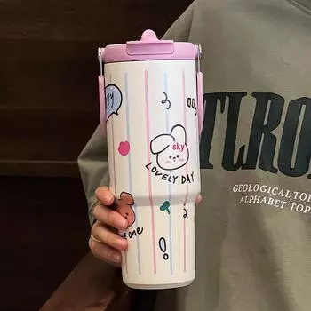 Стильная большая термокружка с трубочкой 2024 года для девочек — идеально подходит для путешествий и школы 900ML