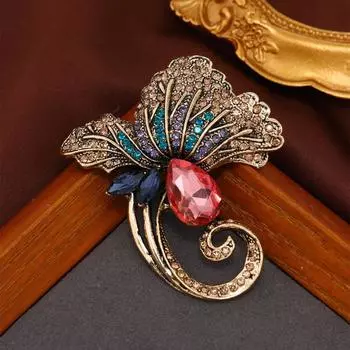 Стильная большая винтажная брошь-значок в виде листа лотоса со стразами, креативная элегантная металлическая брошь-растение