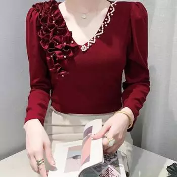 Стильная черная футболка Fungus Edge Splicing с V-образным вырезом и длинными рукавами для женщин Slim Fit и утягивающая базовая футболка Top S красный