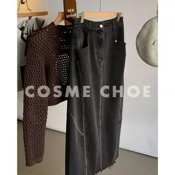 Стильная черно-серая ретро модная джинсовая юбка с разрезом сзади женская 25 осенняя средней длины длинная с высокой талией прямая юбка Gray Black S