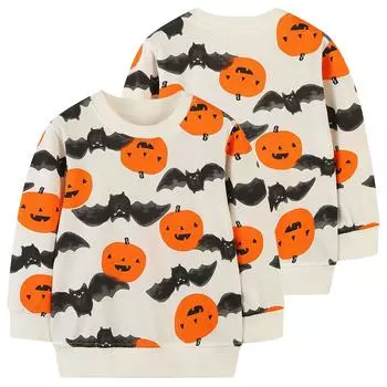 Стильная детская толстовка с круглым вырезом и принтом в виде летучей мыши и тыквы. Отлично подходит для осени и сезона Хэллоуина. Детская одежда. 90cm