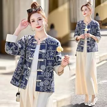 Стильная джинсовая куртка с вышивкой и пуговицами-лягушками - B2501 XL (130-140 Jin)