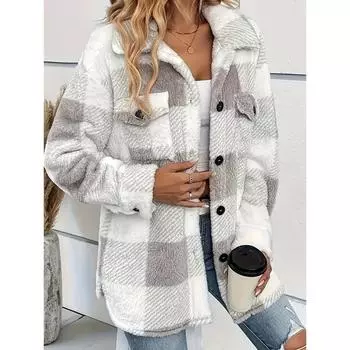 Стильная флисовая куртка в клетку — мягкая, теплая и элегантная верхняя одежда с длинными рукавами для осени и зимы — женская флисовая одежда с застежкой на пуговицы спереди S хаки