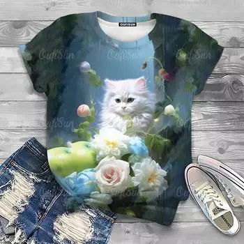 Стильная футболка для женщин с милым принтом кота, женские футболки, свободная футболка, летняя женская одежда с коротким рукавом, мода S