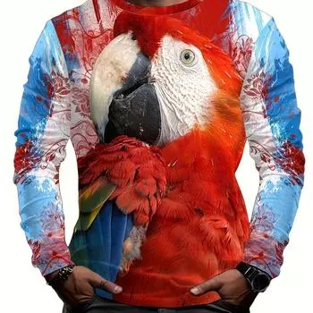 Стильная футболка с длинным рукавом с 3D-принтом попугая, новинка, осенняя мужская футболка с ярким графическим принтом, свободный крой и мягкая ткань S