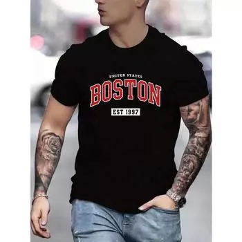 Стильная футболка с круглым вырезом и принтом Boston Letter - мягкая слегка эластичная полиэстеровая всесезонная одежда для любителей активного отдыха и уличного стиля S чёрный
