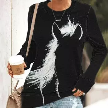 Стильная футболка с круглым вырезом и длинными рукавами с принтом лошади - мягкая, дышащая, свободного кроя для женщин - идеально подходит для повседневной носки весной и осенью S