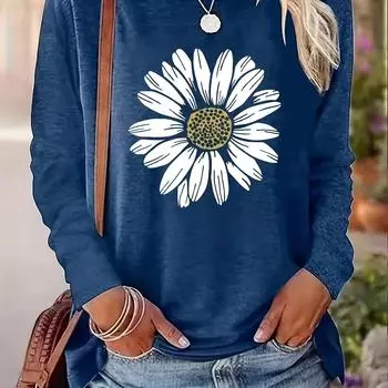 Стильная футболка с круглым вырезом и цветочным принтом - мягкая хлопковая смесь, средняя эластичность, S