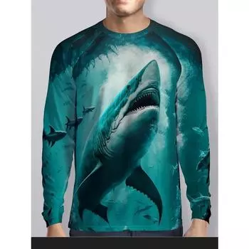 Стильная футболка с рисунком акулы и рыбы - дышащий полиэстер, круглый вырез для активного отдыха на открытом воздухе, рубашка для рыбалки с 3D-принтом S