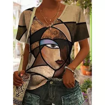 Стильная футболка с V-образным вырезом и яркой графикой. Мягкая дышащая ткань. Идеально подходит для повседневной носки весной и летом. Футболки женские. S коричневый