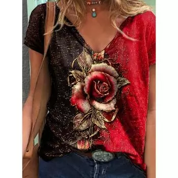 Стильная футболка с V-образным вырезом и принтом Rose 3D - женские повседневные футболки средней эластичности с коротким рукавом S