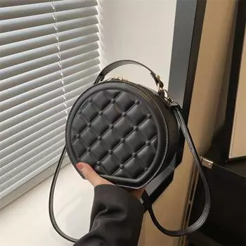 Стильная и красивая персонализированная маленькая круглая сумка 2024 новая женская сумка, простая фактурная сумка в этом году, сумка-мессенджер через плечо чёрный