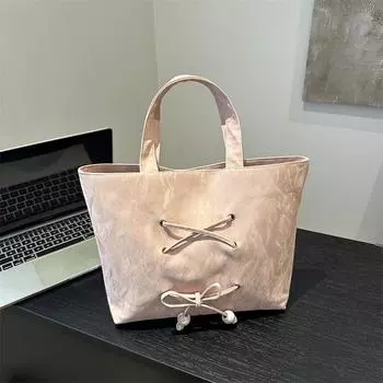 Стильная и простая сумка большой вместимости, осень 2024 года, новая ретро-повседневная сумка-тоут с бантом на плечо для поездок на работу чёрный