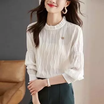 Стильная и свободная рубашка с длинным рукавом и рукавом-фонариком для женщин, осенняя мода S белый