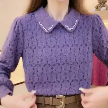 Стильная и универсальная женская рубашка на осень и зиму: Кружевной кукольный воротник и утягивающий топ, уменьшающий возраст M фиолетовый