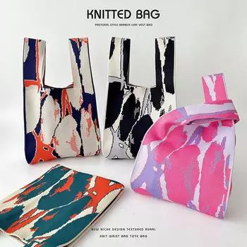 Стильная контрастная цветная вязаная сумка через плечо с каменным узором