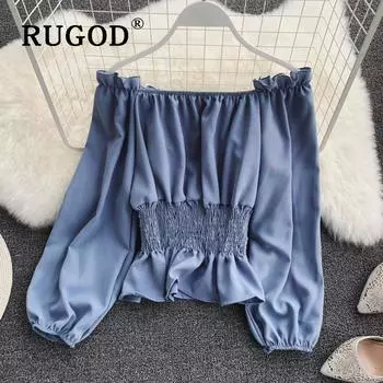 Стильная корейская шикарная блузка женская однотонная с короткими рукавами и пышными рукавами тонкая женская блузка с кромкой темперамента Mean code синий